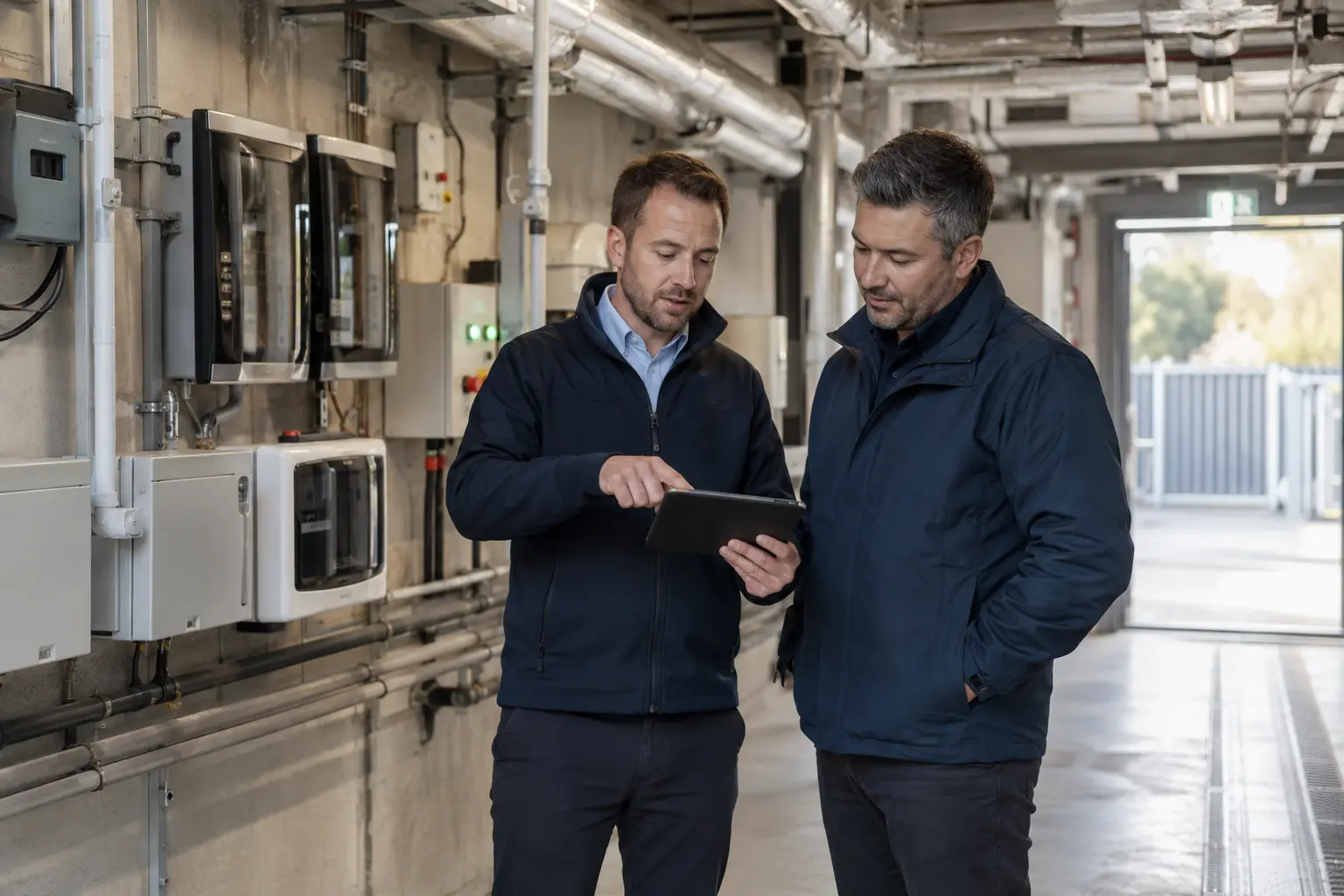 Energy adviser reviewing commercial equipment with a client